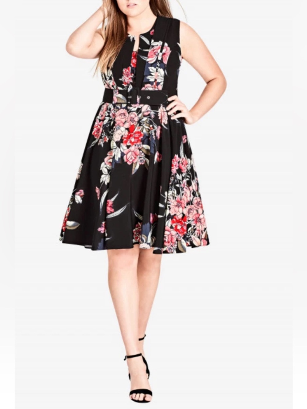 City Chic Black Midi Dress with Pink & Red Floral Print Belted Size 24